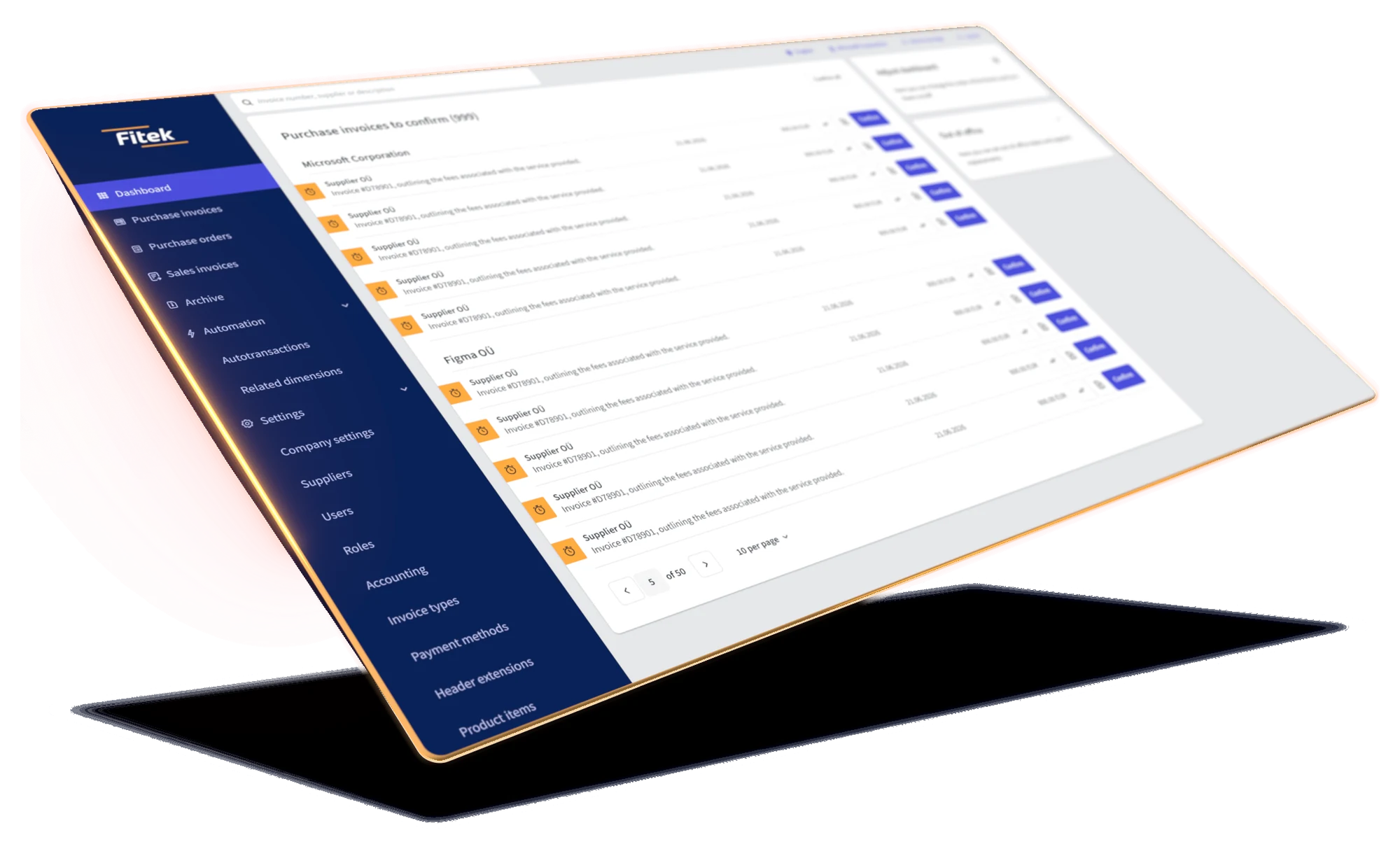 Écran de la plateforme Fitek : vue d’ensemble de la gestion des factures