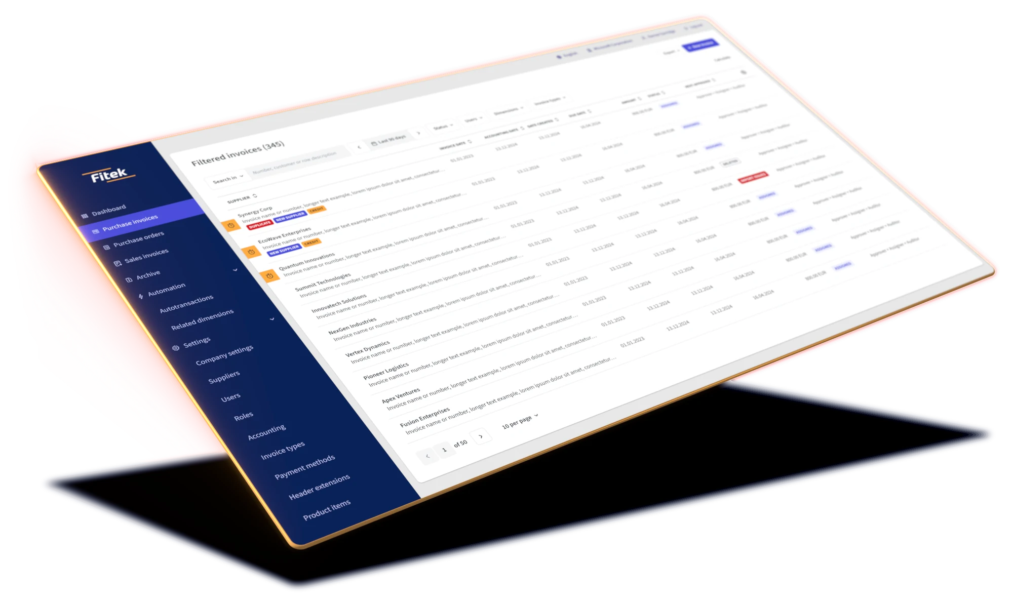 Écran de la plateforme Fitek : vue d’ensemble de la plateforme