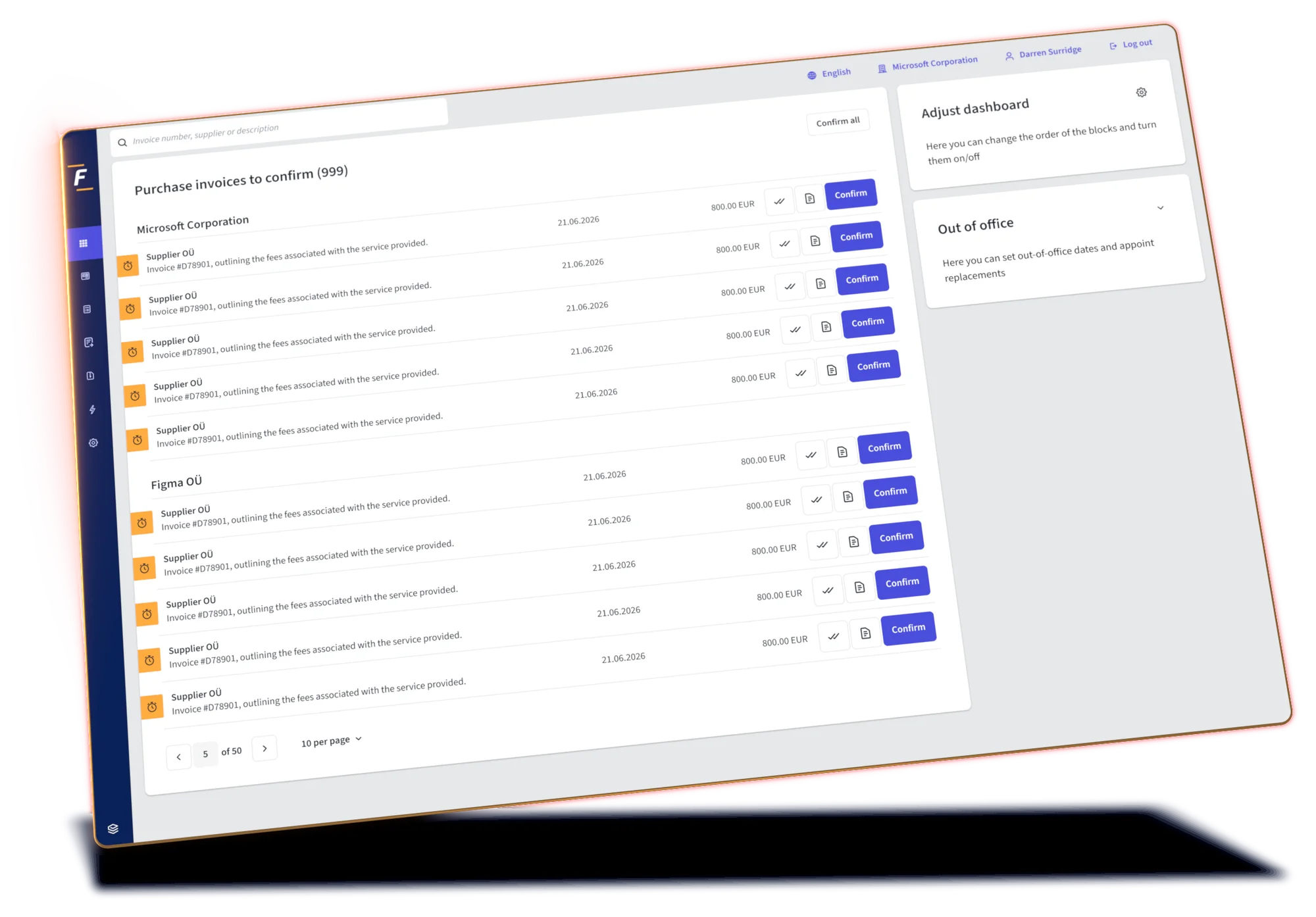 Écran de la plateforme Fitek : workflow d’approbation des factures