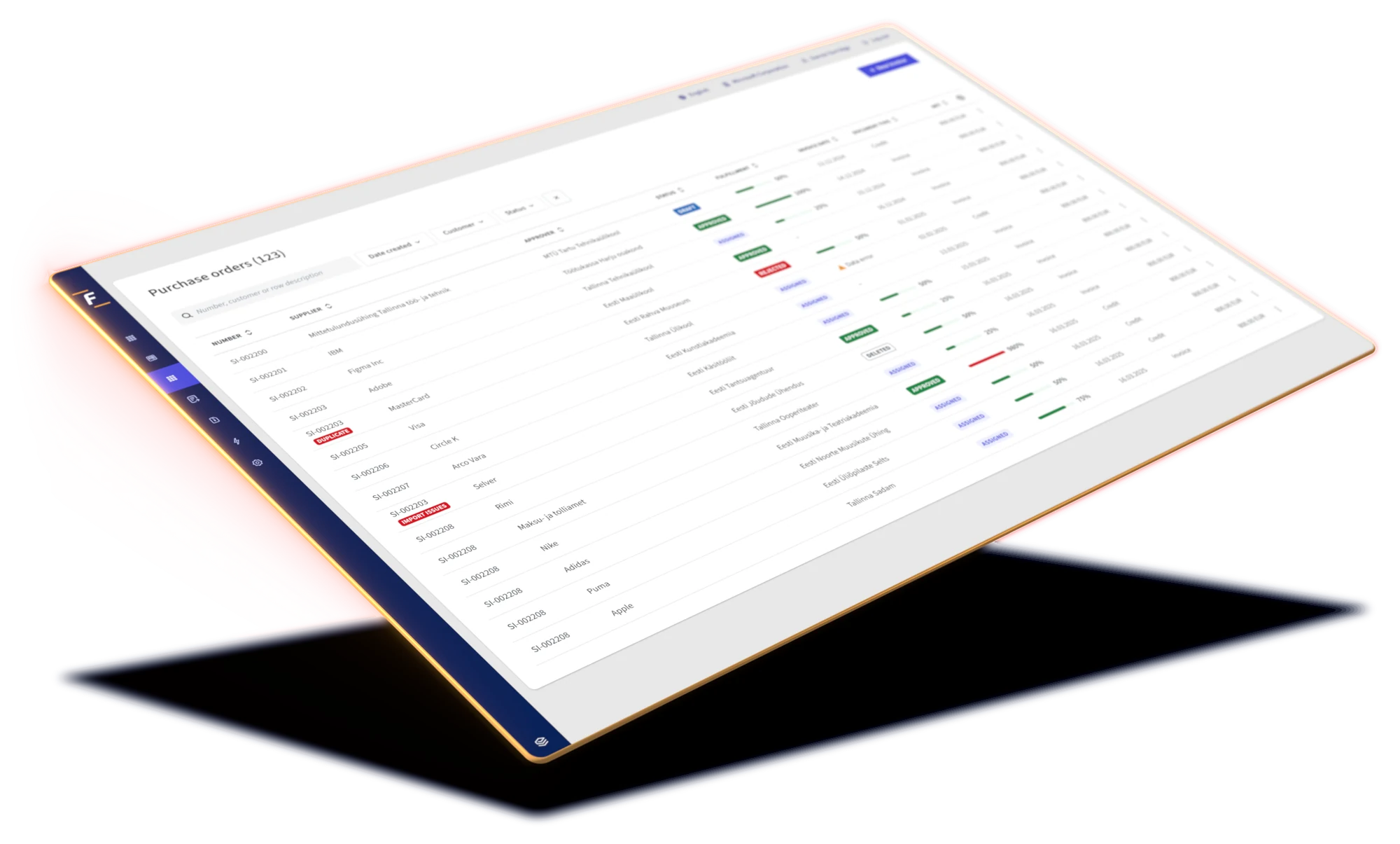 Écran de la plateforme Fitek : bons de commande