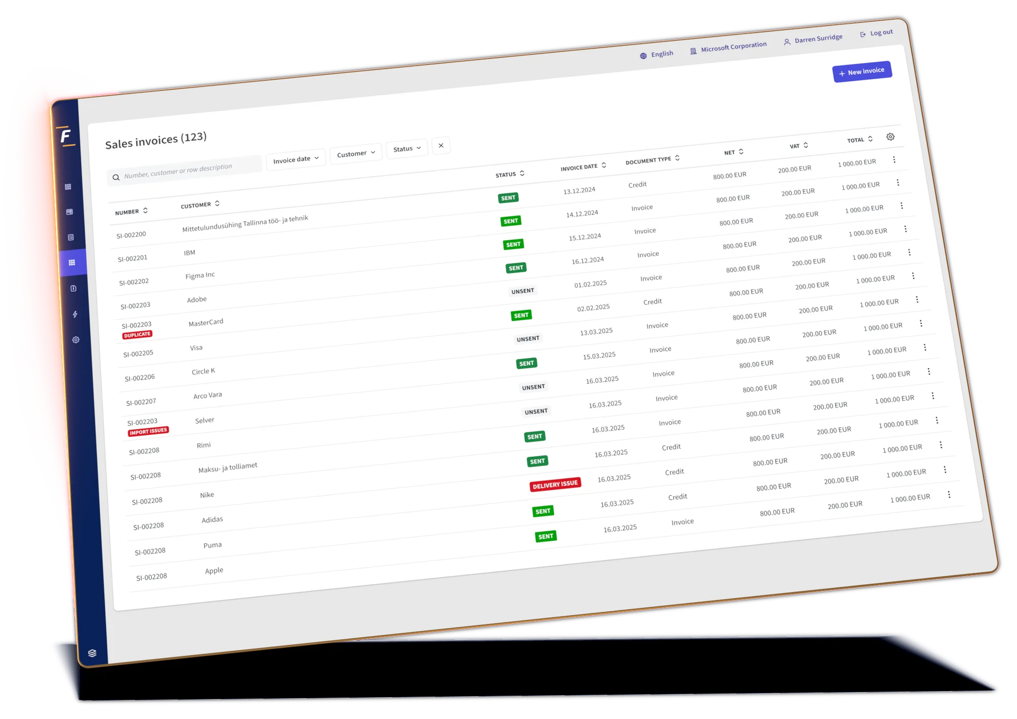 Écran de la plateforme Fitek : factures de vente et statut des e-factures