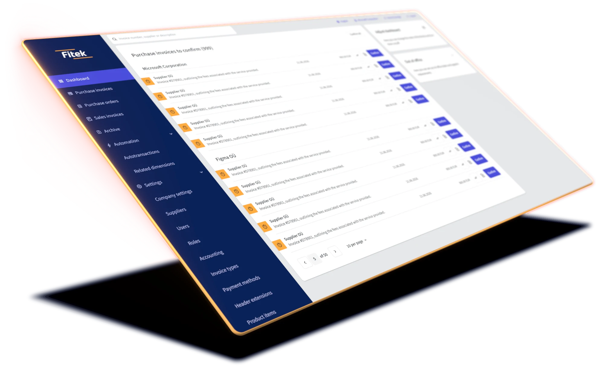 Écran de la plateforme Fitek : vue pour le directeur financier (CFO)